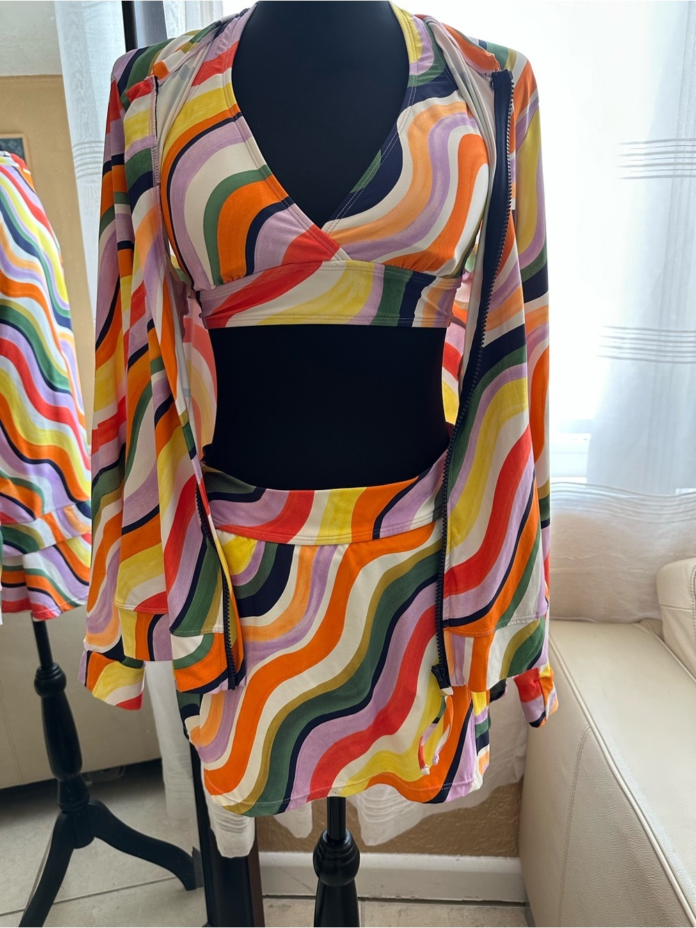 Anne Cole 3-Piece Rainbow Wave Swimsuit Set Cover-Up Swim Skirt L/XL.